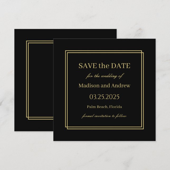 Elegant Black and Gold Wedding Save the Date Invit Invitation (Front/Back)