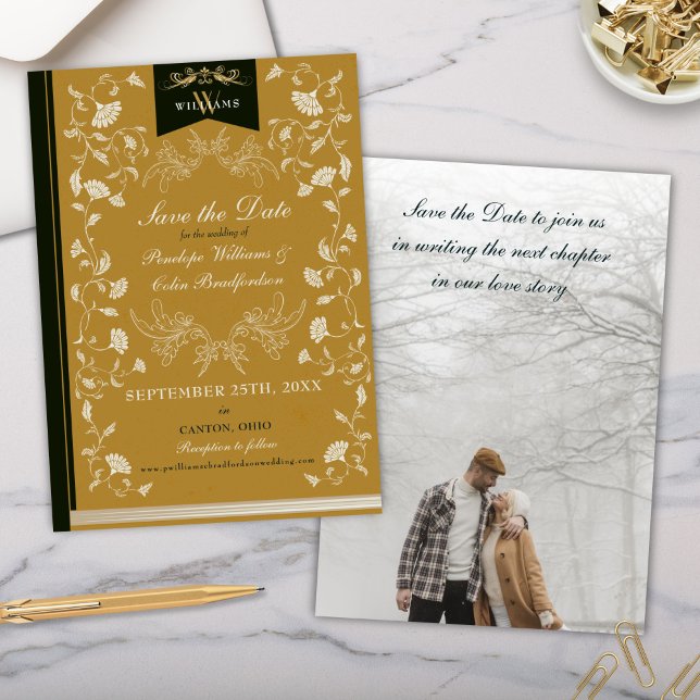 Elegant Black and Gold Wedding Save the Date Invitation (Elegant black and gold save the date invitation cards for library book cover theme wedding idea)