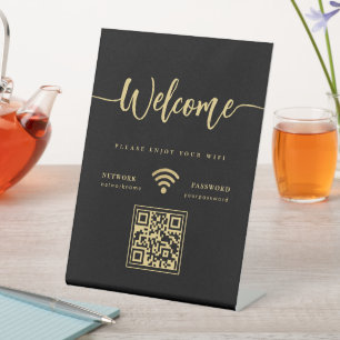 Elegant Black and Gold Welcome Script WIFI QR Code Pedestal Sign