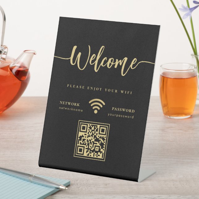 Elegant Black and Gold Welcome Script WIFI QR Code Pedestal Sign (In SItu)