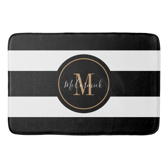 Elegant Black And Gold White Stripes Monogram Bath Mat (Front)