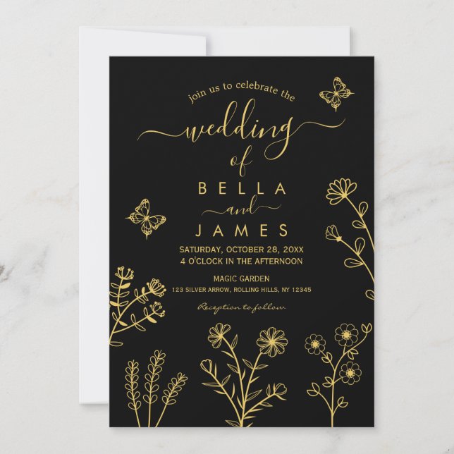 Elegant Black and Gold Wildflower Wedding Invitation (Front)