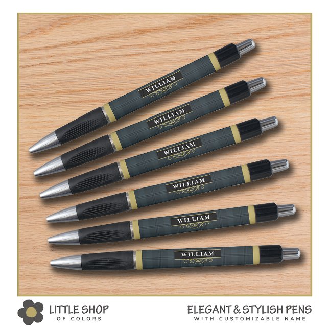 Elegant Black and Gold Windowpane Plaid Monogram Pen (Creator Uploaded)