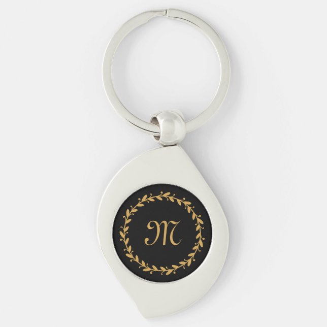 Elegant Black and Gold Wreath and Monogram Initial Keychain (Front)