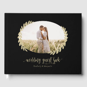 Elegant Black and Gold Wreath Wedding Photo Guest Book