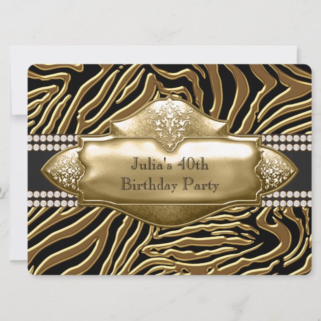 Elegant Black and Gold Zebra Birthday Party Invitation (Front)
