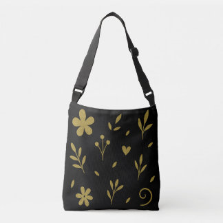 Elegant black and golden floral crossbody bag