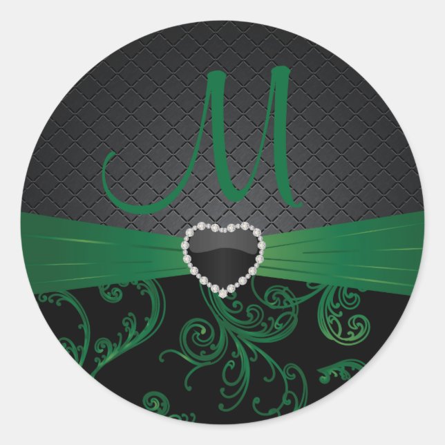 Elegant Black and Green Floral Pattern Classic Round Sticker (Front)
