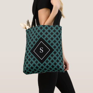 Elegant black and green geometric with monogram tote bag