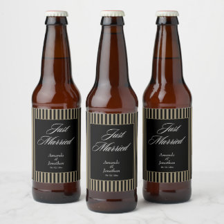 Elegant Black and Green Stripes Wedding Beer Bottle Label