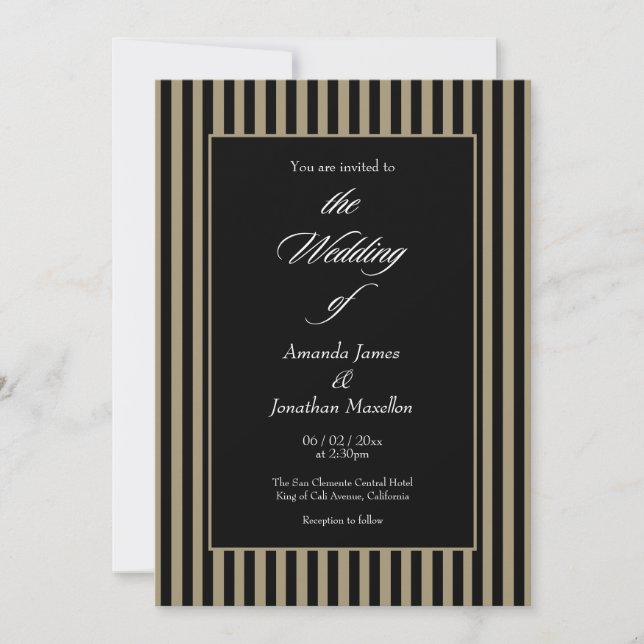 Elegant Black and Green Vertical Stripes Wedding Invitation (Front)