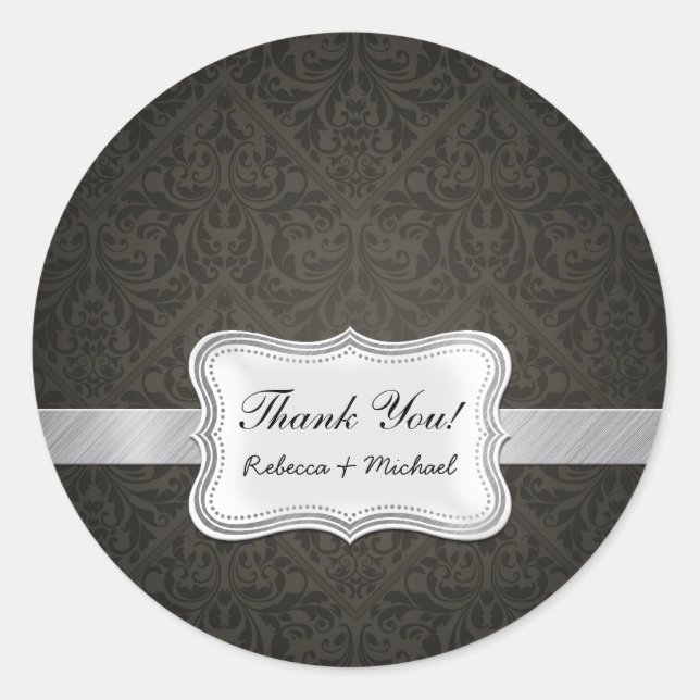 Elegant Black and Grey Damask Thank You Classic Round Sticker (Front)