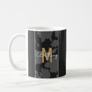 Elegant Black and Grey Floral Gold Monogram Coffee Mug