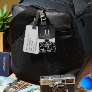 Elegant Black and Grey Floral Pattern Luggage Tag