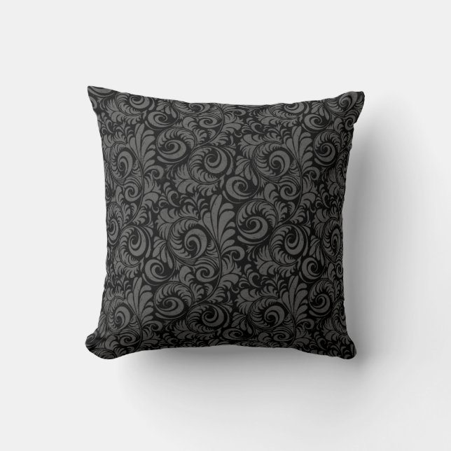 Elegant Black and Grey Floral Pattern Throw Pillow (Front)