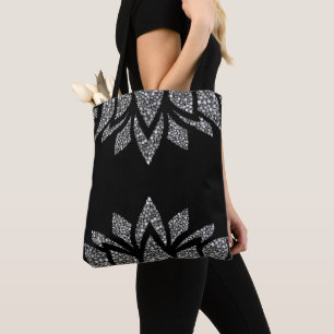Elegant black and grey printed lotus pattern tote bag