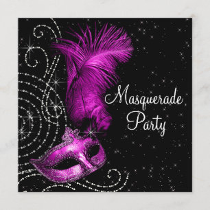 Elegant Black and Hot Pink Masquerade Party Invitation
