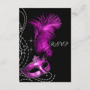 Elegant Black and Hot Pink Masquerade Party RSVP Card
