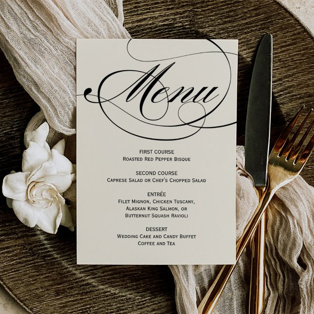 Elegant Black and Ivory Calligraphy Script Wedding Menu (Creator Uploaded)