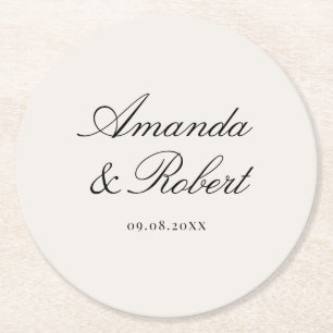 Elegant Black and Ivory Calligraphy Wedding Round Paper Coaster