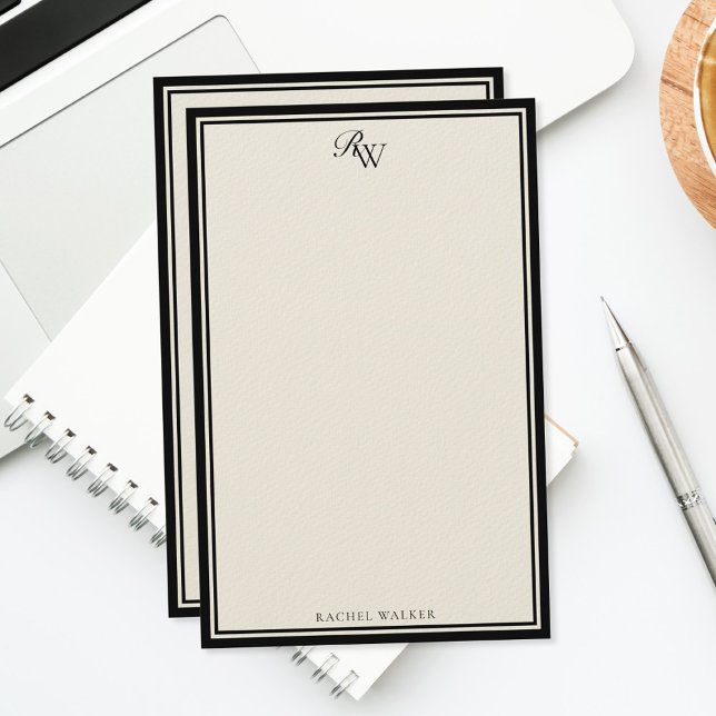 Elegant Black and Ivory Monogram Two Border Stationery (Creator Uploaded)