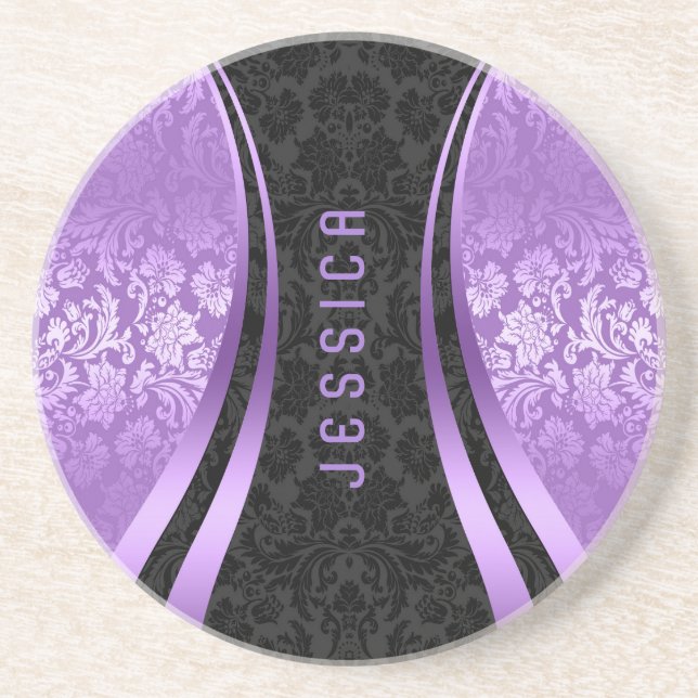 Elegant Black And Lavender Floral Damasks Coaster (Front)