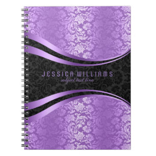 Elegant Black And Lavender Floral Damasks Pattern Notebook