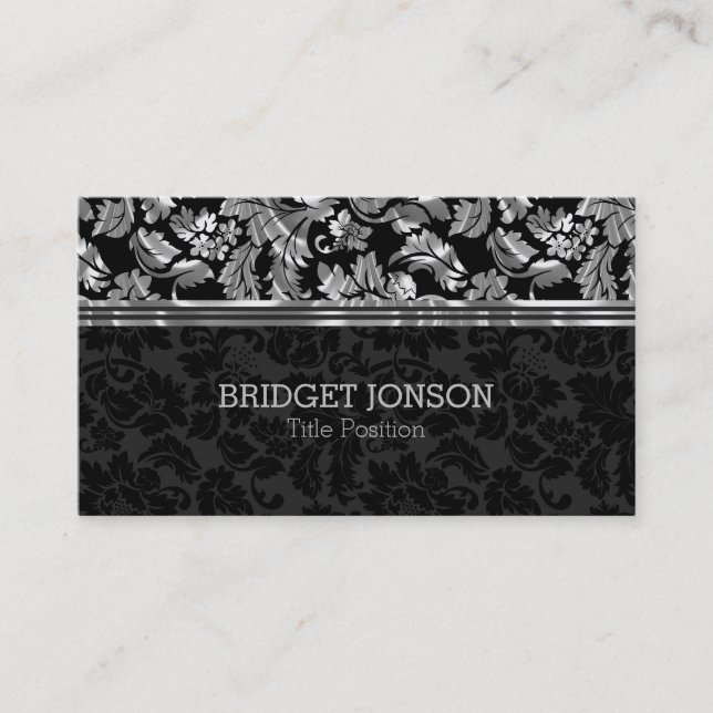 Elegant Black And Metallic Grey Damask Business Card (Front)