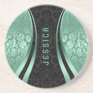 Elegant Black And Mint-green Floral Damasks Coaster