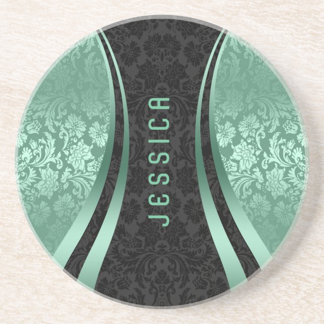 Elegant Black And Mint-green Floral Damasks Coaster (Front)