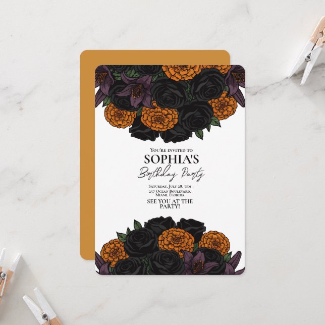 Elegant Black and Orange Floral Gothic Birthday Invitation (Front/Back In Situ)