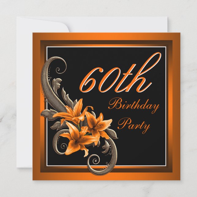 Elegant Black and Orange Tiger Lily Birthday Party Invitation (Front)