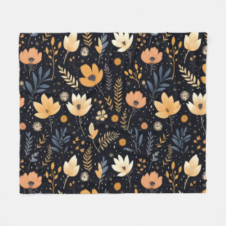 Elegant Black and Peach Boho Floral Fleece Blanket