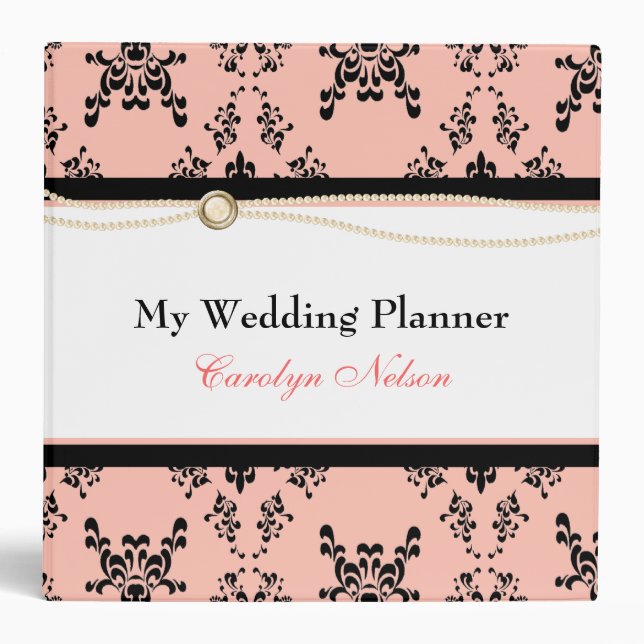 Elegant Black and Peach Damask Binder (Front)