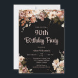 Elegant Black and Pink Floral 90th Birthday Invitation<br><div class="desc">Elegant Black and Pink Floral 90th Birthday Invitation
This elegant 90th surprise birthday party invitation is perfect for your special event! This design features beautiful pink watercolor flowers on a black background. The custom typography is trendy and elegant!</div>