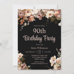 Elegant Black and Pink Floral 90th Birthday Invitation