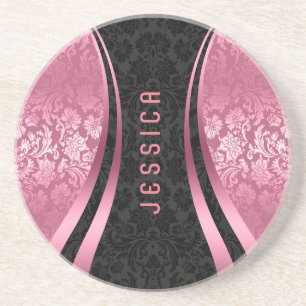 Elegant Black And Pink Floral Damasks Coaster