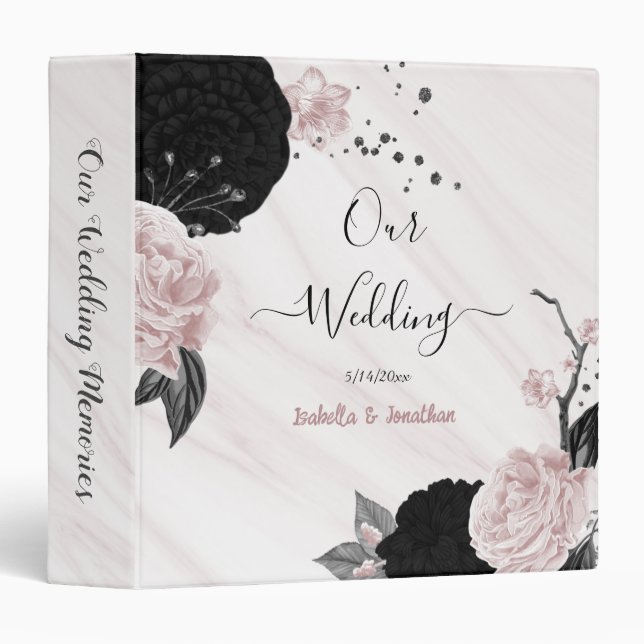 elegant black and pink floral marble photo album binder (Front/Spine)