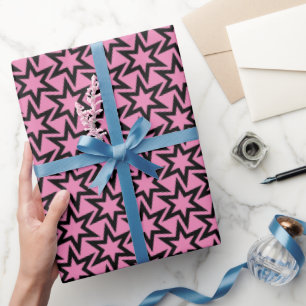 Elegant Black and Pink Geometric Star Pattern Wrapping Paper