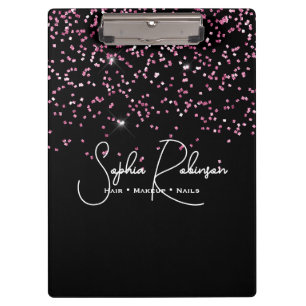 Elegant Black and Pink Glitter Salon Business Clipboard