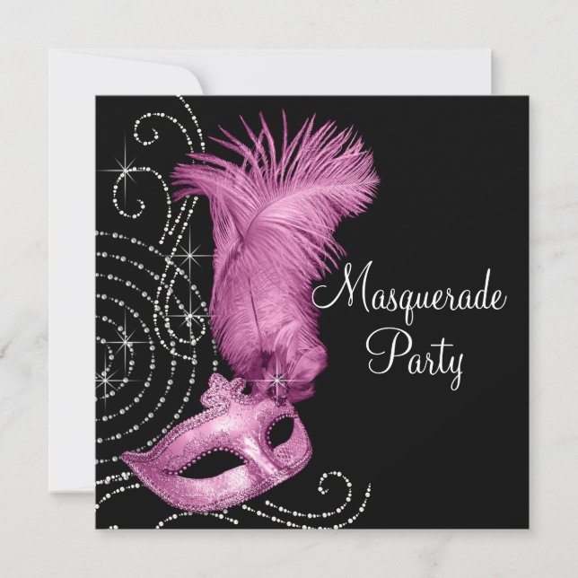 Elegant Black and Pink Masquerade Party Invitation (Front)