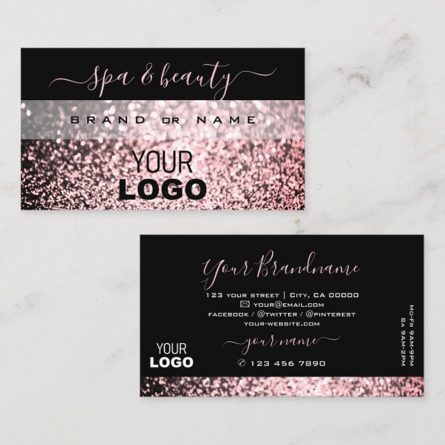 Elegant Black and Pink Sparkling Glitter with Logo Business Card (Front/Back)