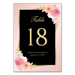 Elegant Black and Pink Watercolor Floral Table Number