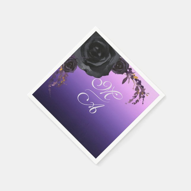 Elegant Black and Purple Floral Monogram Wedding Napkin (Corner)