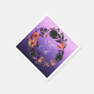 Elegant Black and Purple Floral Monogram Wedding Napkin