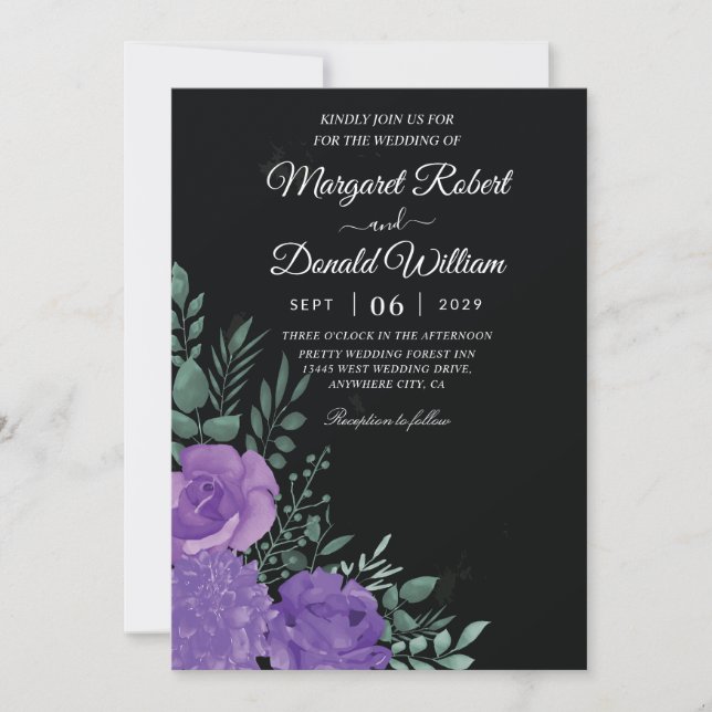 Elegant black and purple floral wedding invitation (Front)