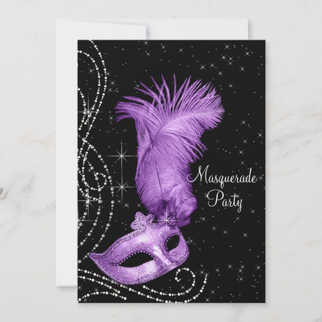Elegant Black and Purple Masquerade Party Invitation (Front)