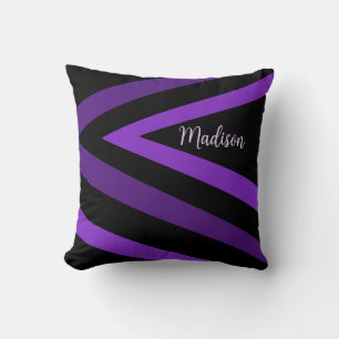 Elegant Black and Purple Striped Zigzag Name Throw Pillow