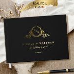 Elegant Black and Real Foil Monogram Wedding Guest Book<br><div class="desc">Personalize this elegant monogrammed wedding guestbook featuring real gold, silver, or rose gold foil on exquisite monogram and front, spine, and back text. Luxurious velvet soft textured black background colour, and beautiful modern calligraphy details in a clean, minimal, and sleek style. Three size options with three inside paper-type choices. Personalize...</div>