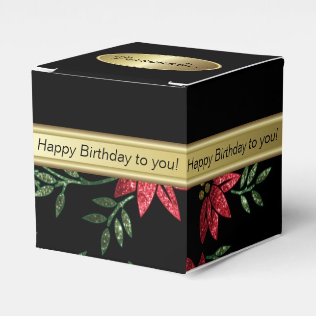 Elegant Black and Red Floral Glitter | Birthday Favor Box (Front Side)
